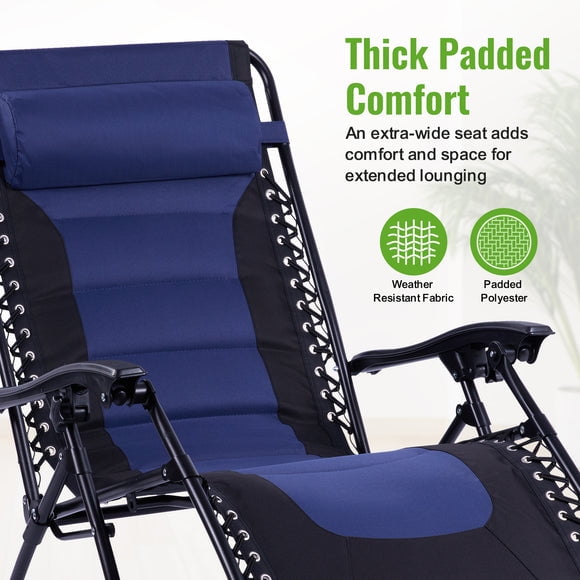 Backyard Expressions Deluxe XL Padded Recliner Chair – Ergonomic Anti-Gravity Lounger with Folding Design, Side Tray, and Adjustable Headrest