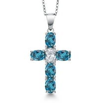 Gem Stone King 925 Sterling Silver London Blue Topaz and White Topaz Cross Pendant Necklace for Women | 3.60 Cttw | Gemstone November Birthstone | Oval 6X4MM | With 18 inch Chain