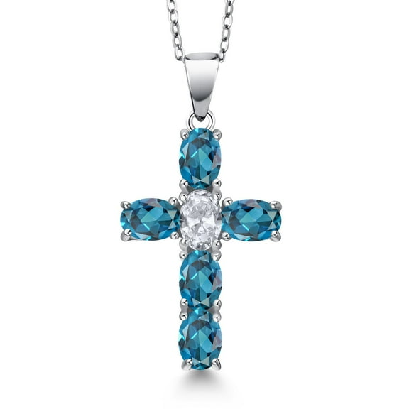 Gem Stone King 925 Sterling Silver London Blue Topaz and White Topaz Cross Pendant Necklace for Women | 3.60 Cttw | Gemstone November Birthstone | Oval 6X4MM | With 18 inch Chain