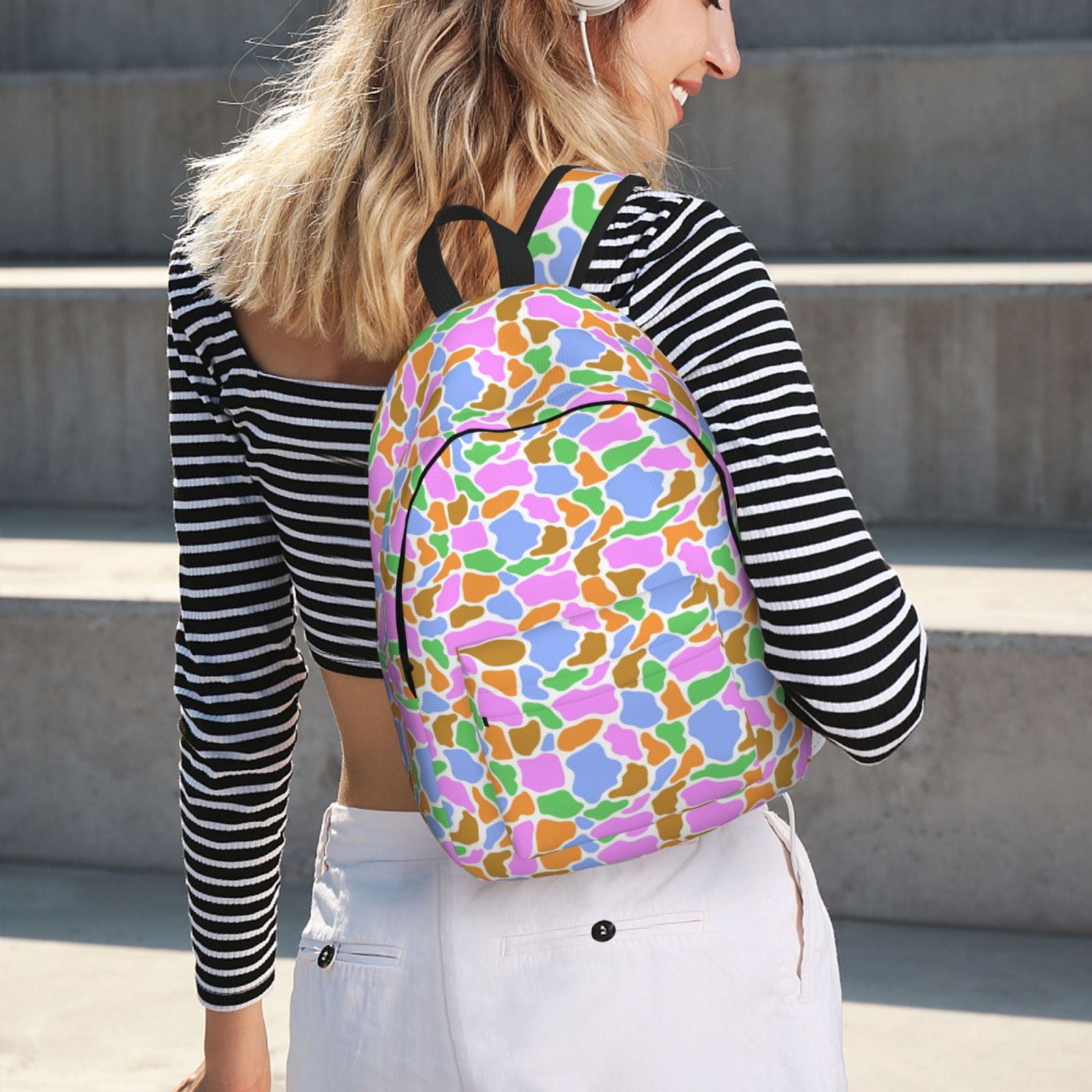 Picia Colorful Cow Skin Printed Canvas Daypack - Stylish and Durable Vintage Compact Backpack - Class, Work, Travel, or Laptop Bookbag,Organized Compartments-Medium
