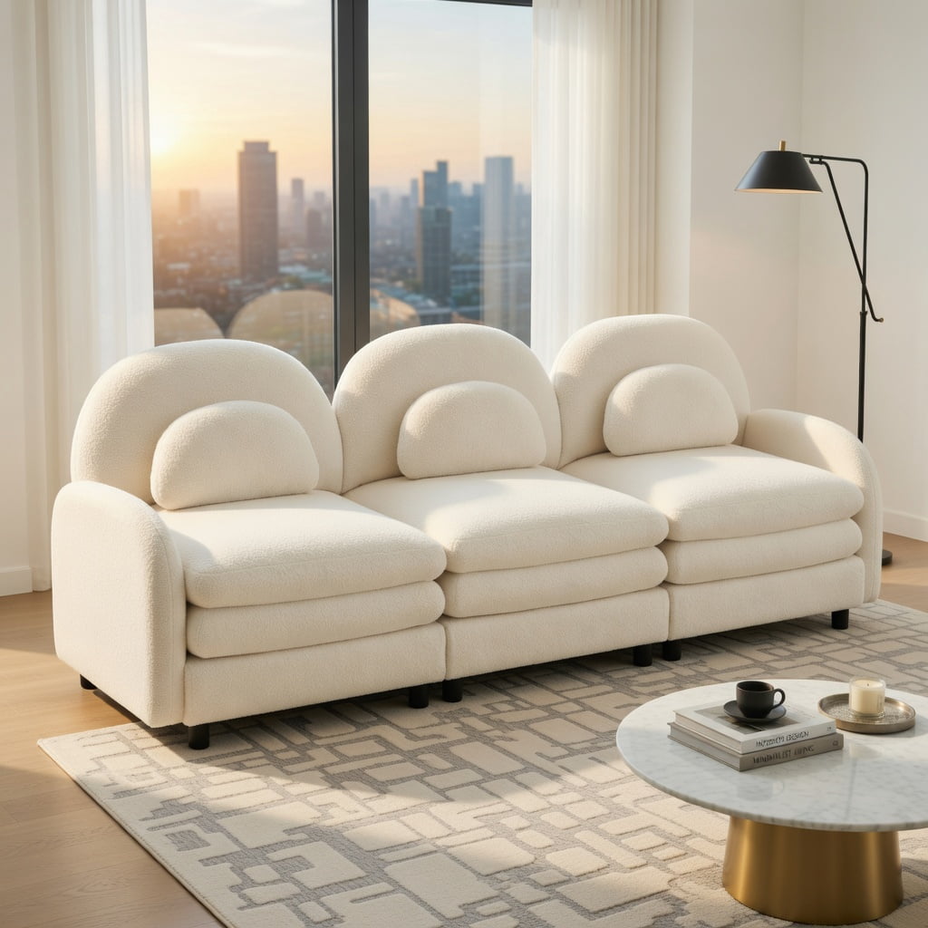 Hommoo Teddy Fleece 3-Seat Modular Sofa Set, Cloud-Like Softness, Curved Backrest & Lumbar Support, 3-Seater Couch with Double-Layer Cushions, Beige