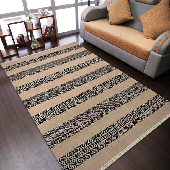 Rugsotic Carpets Handmade Rugs Hand Woven Kilim Rectangle 3'x5' Cream Charcoal Wool for Indoor Use
