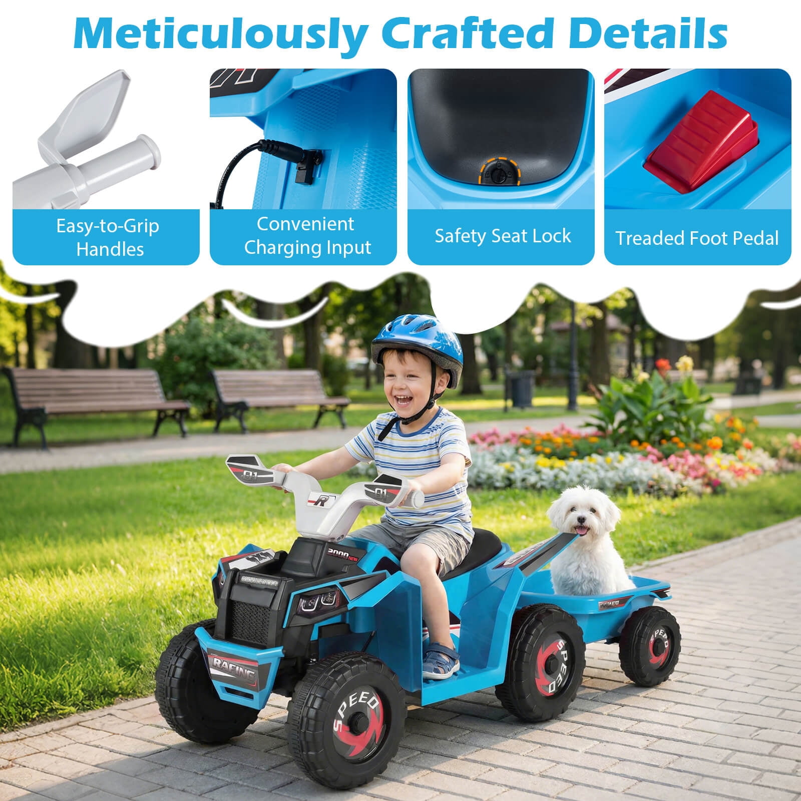 Costway Kids Electric ATV Car, 6V Battery-Powered Ride on Toy wirh Removable Back Trailer Blue