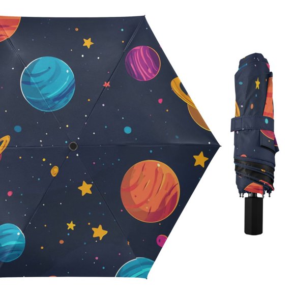 Multicolor Planets Stars All Weather Umbrella Triple Folding Parasol 6 Ribs UV Protection Portable