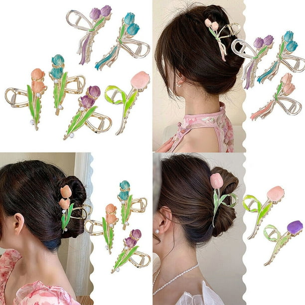 US 1~2 Pack Tulip Floral Enamel Large Metal Hair Claw Flower  display picture 3
