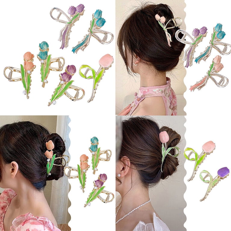 Pink Tulip Floral Metal Enamel Hair Clip US 1~2 Pack Tulip Floral Enamel Large Metal Hair Claw Flower  main image 4
