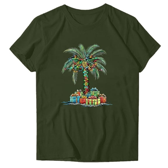 Women's Christmas Tees Palm Tree Lights Hawaiin Tropical Xmas Watercolor Short Sleeve T-Shirt