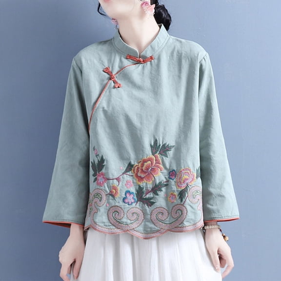 Dolkfu Green Women'S Tops Boho Mock Neck Button Long Sleeve Blouses & Tops Cotton Blend Embroidered Floral Retro Vintage Tops Green,L