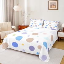 Manfei Kawaii Polka Dot Queen Sheet Sets,Rainbow Geometric Circles Flat Sheet,Brown Blue White Queen Fitted Sheet For Boys Kids,Microfiber Bedroom Decor,4 Pieces