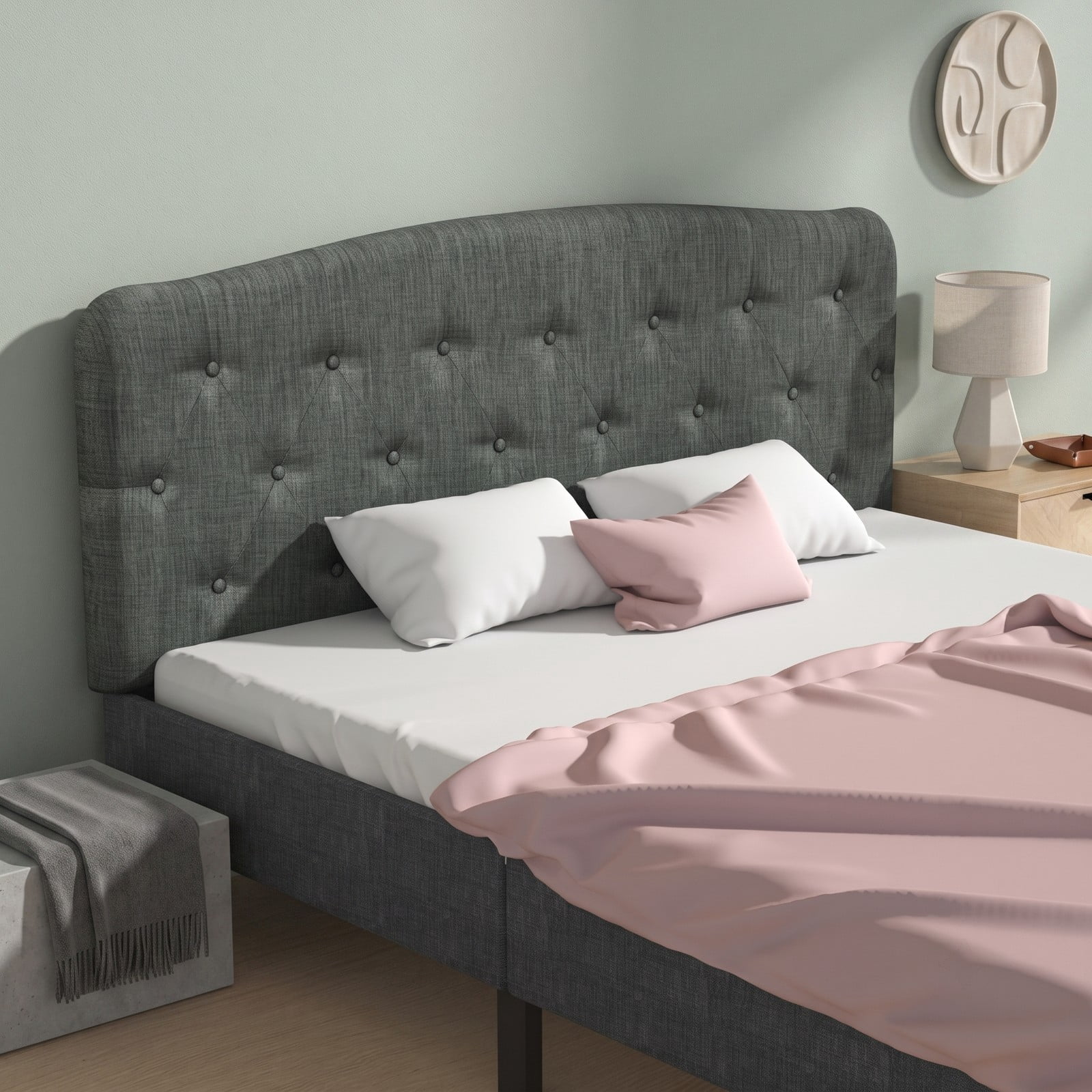 Furnibear Faux Linen Upholstered Full Size Headboard with Diamond Button Tufting and 2 Adjustable Heights for Bedroom and Guest Room, Dark Gray