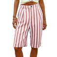 thumbnail image 2 of Striped Shorts Women High Waisted Knee Length Bermuda Shorts Summer Beach Vacation Casual Loose Fit Shorts with Pockets Pink, 2 of 8