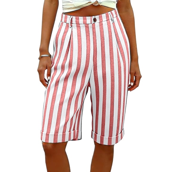 Mifsaly Womens Vertical Striped Bermuda Shorts High Waisted Knee Length Casual Shorts with Pockets Lightweight Loose Office Travel Summer Clothes Pink,L
