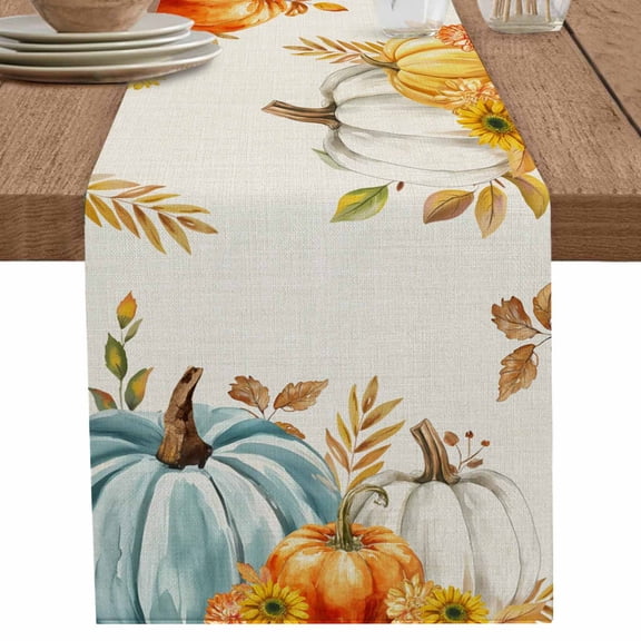 nqOlkjepod Orange White Pumpkin Fall Table Runner 36 Inches Long Farmhouse Dress Scarves, Thanksgiving Floral Leaves Rustic Dining Tablerunner for Coffee Table/Kitchen Island/Party, Small 13"x36"
