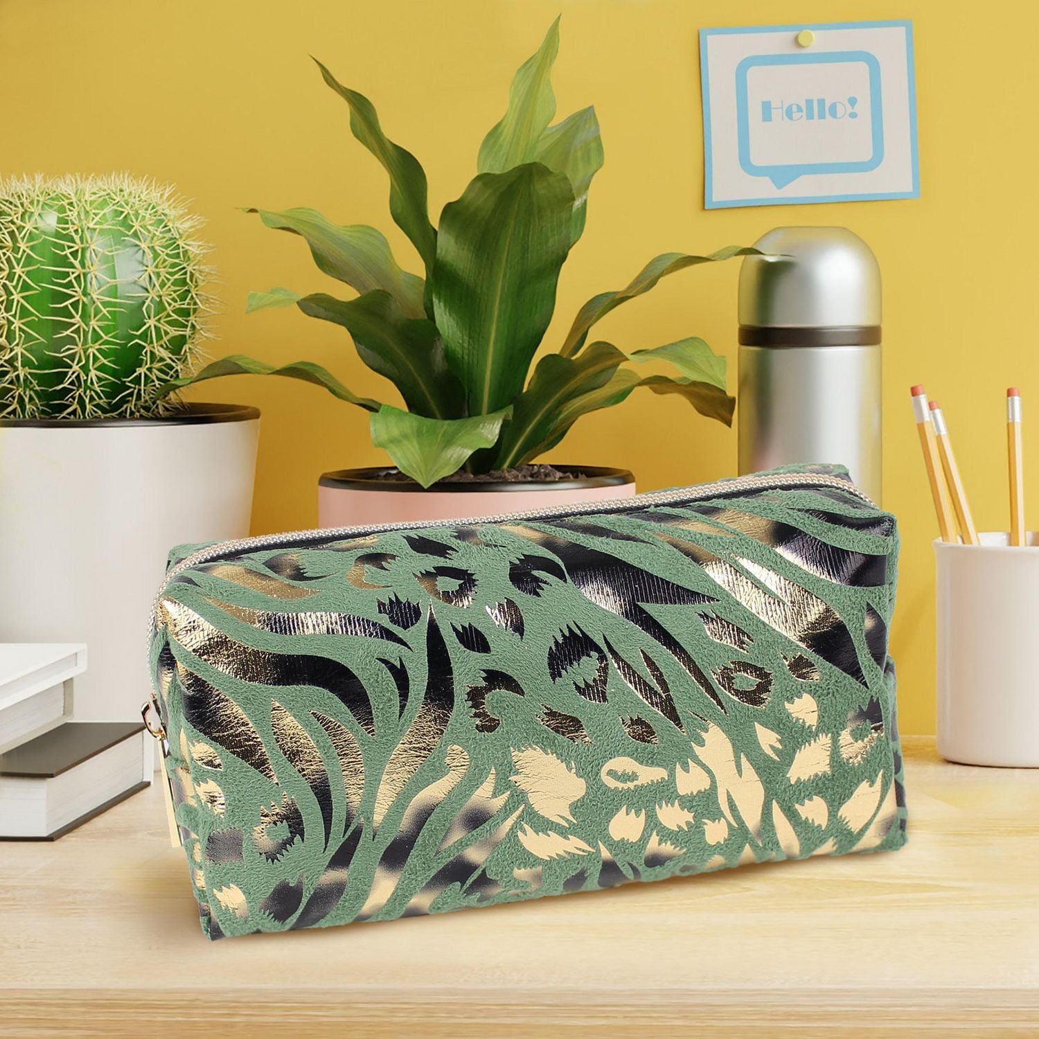 Pen + Gear Mixed Animal Print Pencil Pouch in Gold Foil on Sage Green