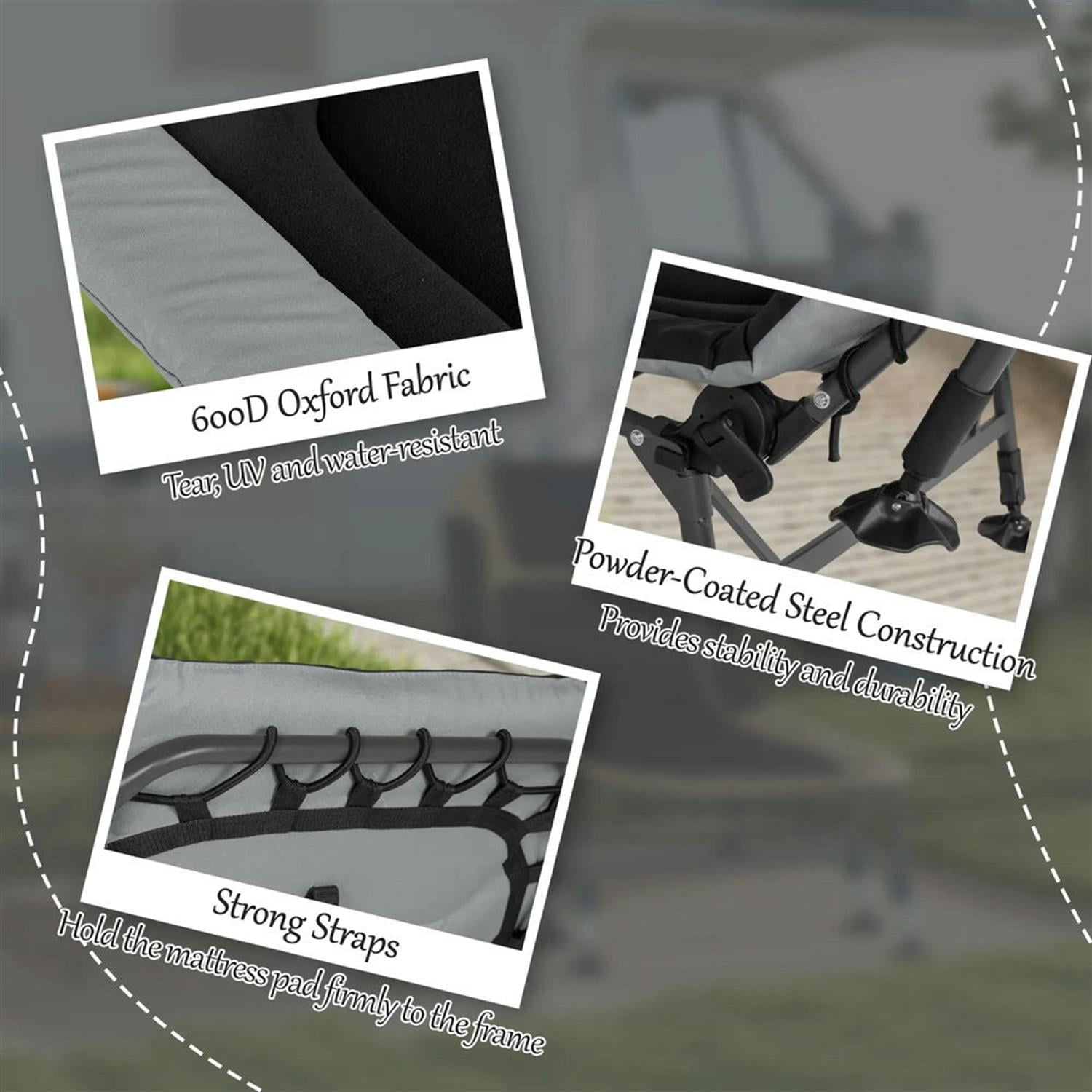 Demi Bonn Heavy Duty Camping Cot, Outdoor Portable Folding Bed with Comfortable Padded Cushion, 180° Reclining Backrest, 400 lbs Weight Limit, Gray