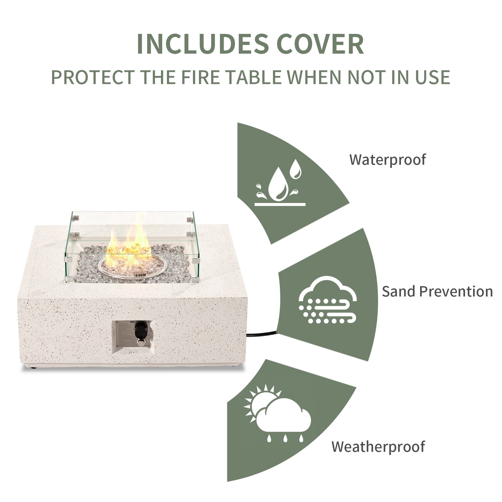 VENTOPYR Outdoor Propane Square Fire Pit Table, Terrazzo White Faux Stone 35-inch Planter Base, 50,000 BTU Stainless Steel Burner, Transparent Gray Fire Glass and Rain Cover, Metal Lid