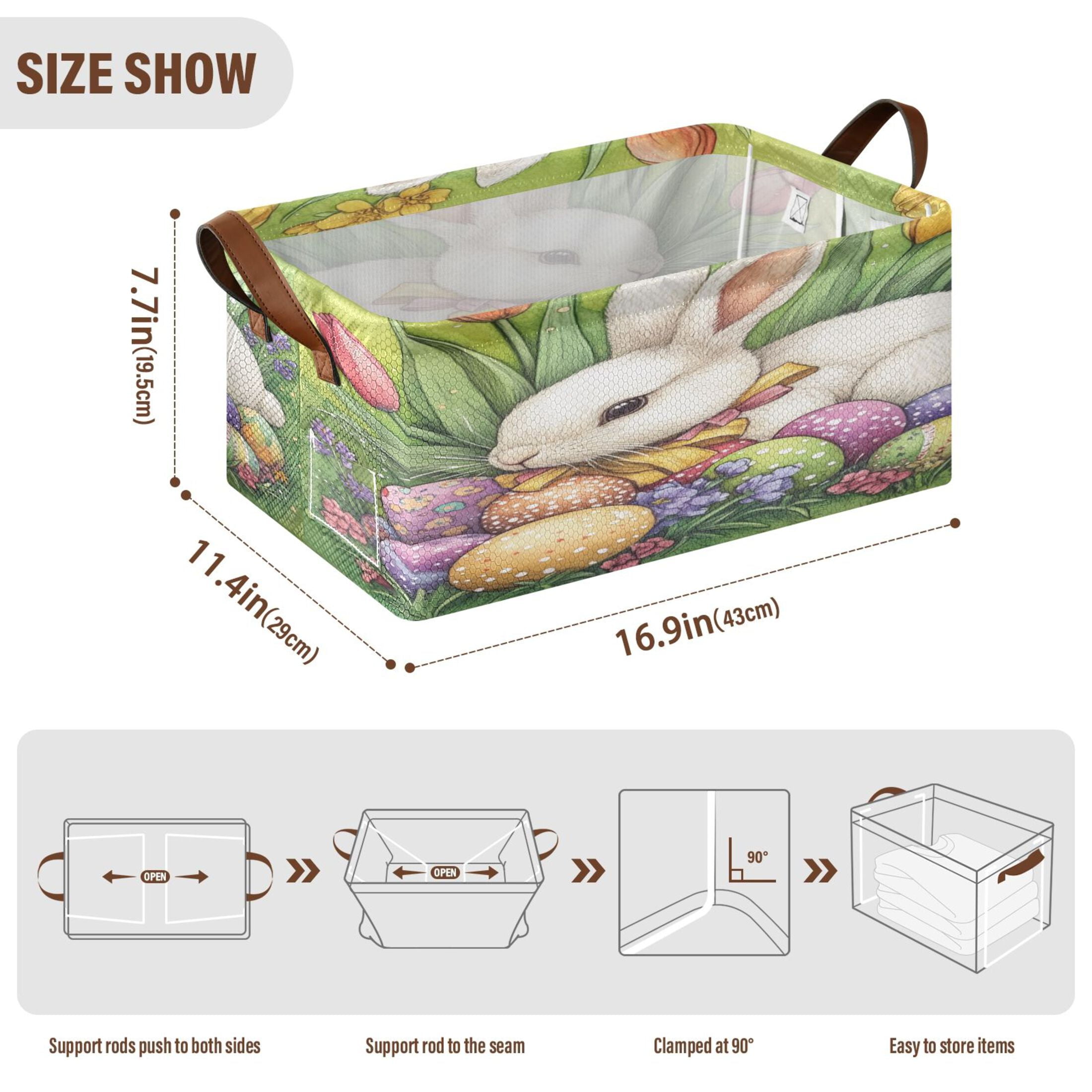 Wobogo Easter White Bunny Storage Basket Soccer Plaid Fabric Oversized Collapsible Hoard Box with Metal Iron Frame 16.9×11.4×7.7in