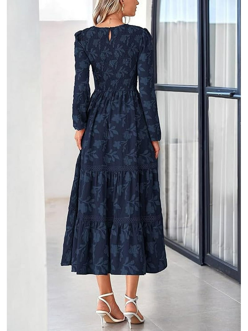 Prettygarden Women's Spring Midi Dress Fall Elegant Long Sleeve Smocked Flowy Boho Floral Wedding Guest Party Dresses, Size: 2XL, Blue Prettygarden Women's Spring Midi Dress Fall Elegant Long Sleeve Smocked Flowy Boho Floral Wedding Guest Party Dresses, Size: 2XL, Blue