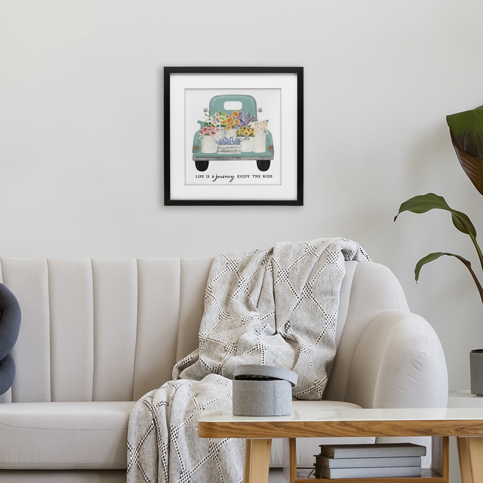 Enjoy Ride Floral Truck Black Framed Print Under Glass, design by Lettered and Lined