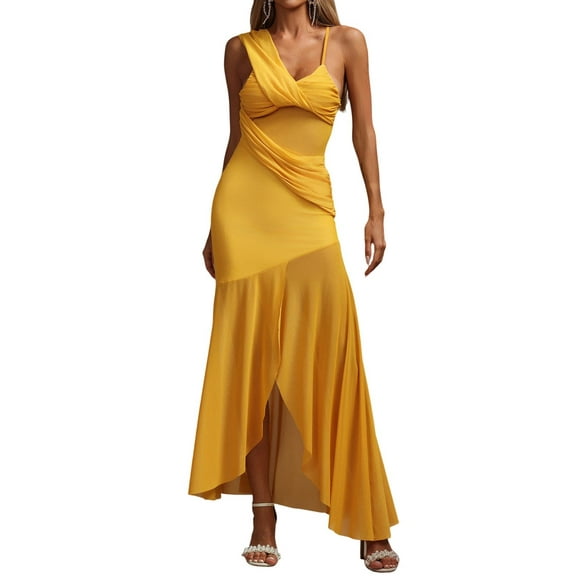 Vestido Tsukko con nudo amarillo y tirantes finos y abertura asimétrica