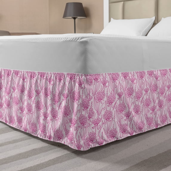 Garden Art Bed Skirt, Pastel Colored Line Art Pattern Flourishing Wildflowers with Foliage, Elastic Bedskirt Dust Ruffle Wrap Around for Bedding Decor, 4 Sizes, Pink and Pale Pink, by Ambesonne