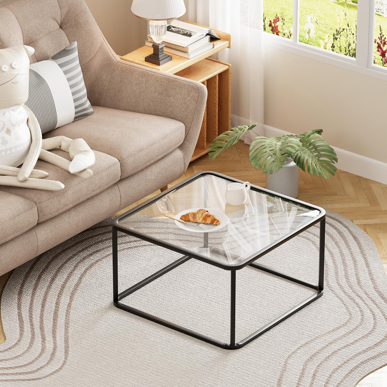 Coffee Table Glass, Minimalist Square Tables for Living Room, Modern Center Table for Office or Small Space, Tempered Glass, Sturdy Metal Frame, Easy Assembly, 26.4 x 26.4 x 15.7 Inches, Black