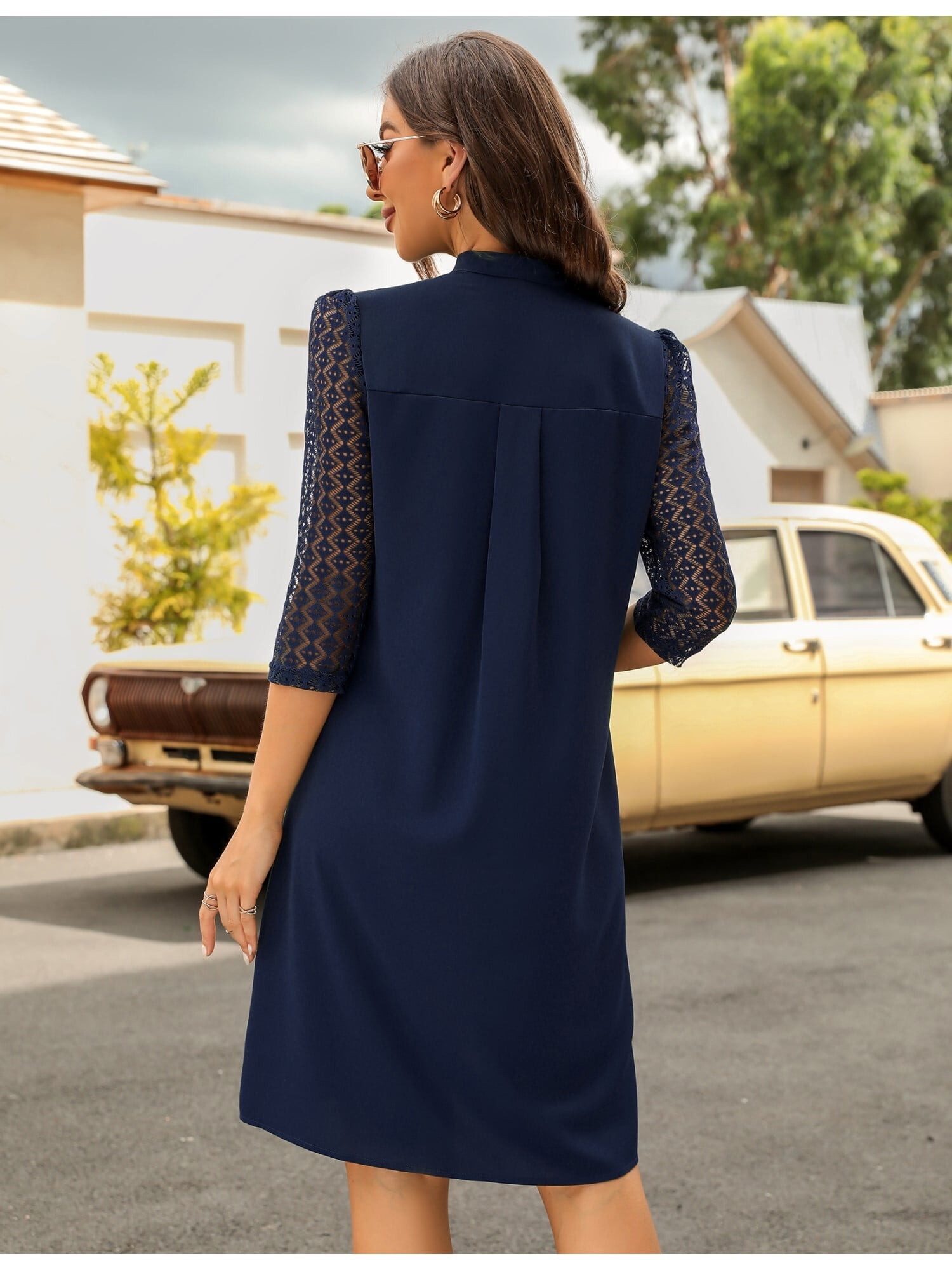 スーツ・フォーマル・ドレス Tuule lace switching dress Women's Shift Dress Lace 3/4 Sleeve Tunic Dress V Neck