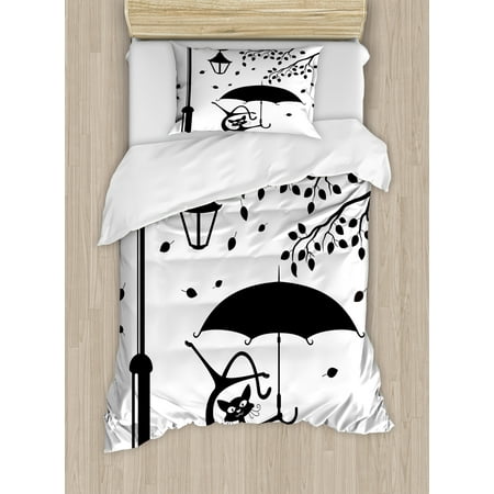 Twin Dancing - Cat Decor Twin Size Duvet Cover Set, Funny Kitty with Umbrella Dancing under Street Lantern in Town Urban Humor Print, Decorative 2 Piece Bedding Set with 1 Pillow Sham, Black White, by Ambesonne