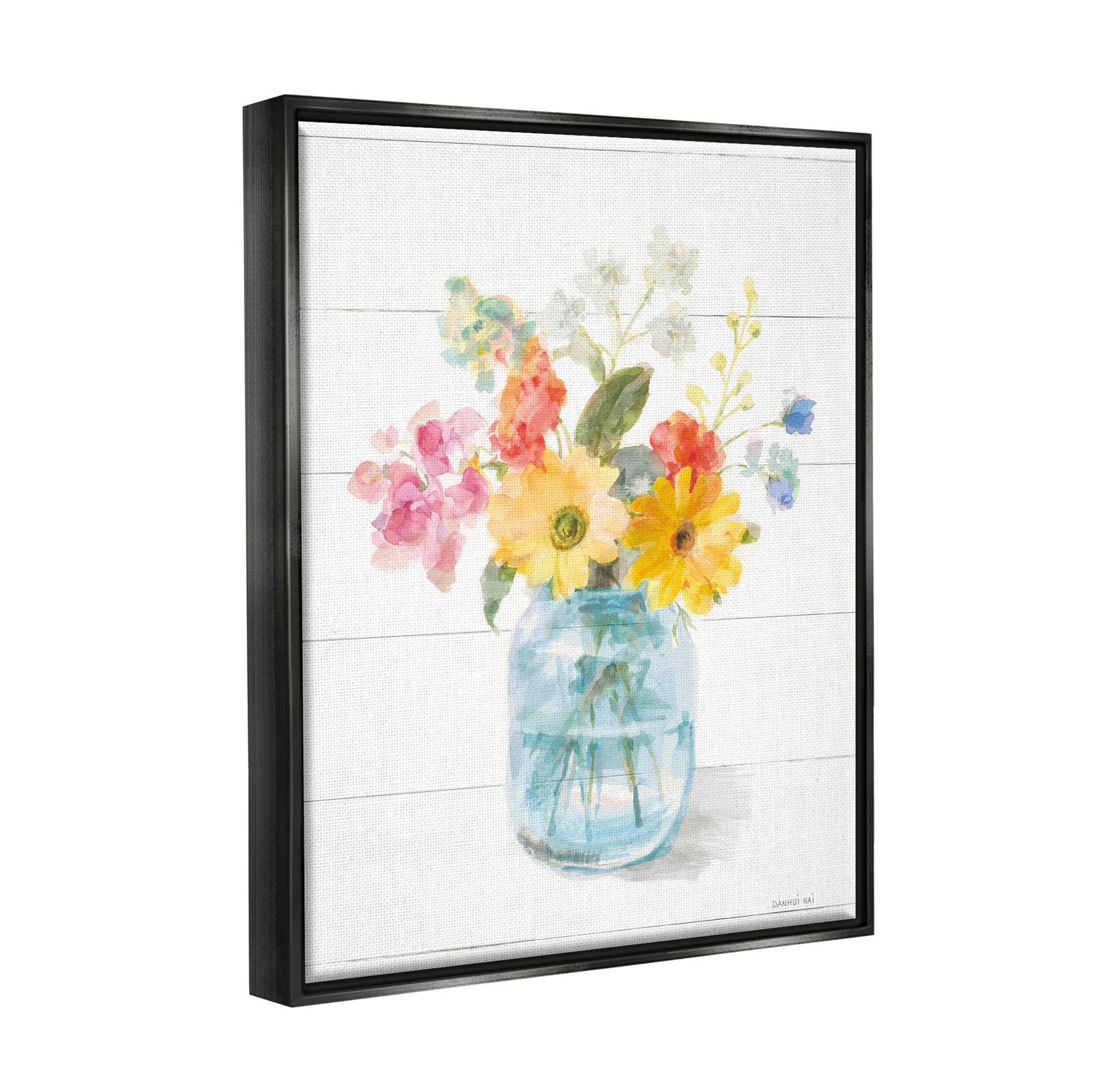 Stupell Industries Bright Country Florals Bouquet Graphic Art Jet Black Floating Framed Canvas Print Wall Art, Design by Danhui Nai