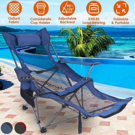 Heavy Duty Camping Chair 330LBS Capacity, Reclining Lawn Chair with Headrest Pillow, Cup Holder & Side Pocket, Portable Foldable Chair for Outdoor, Camping, Sports Events