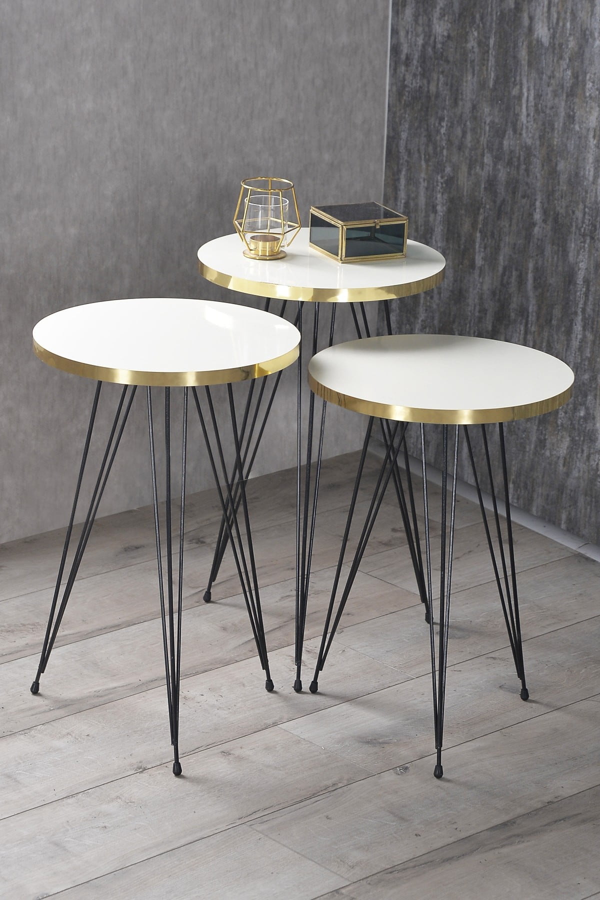 White Nesting Coffee Tables 3 PCS,Round Side Table With Black 3Rod Metal Legs,Set of 3 Small