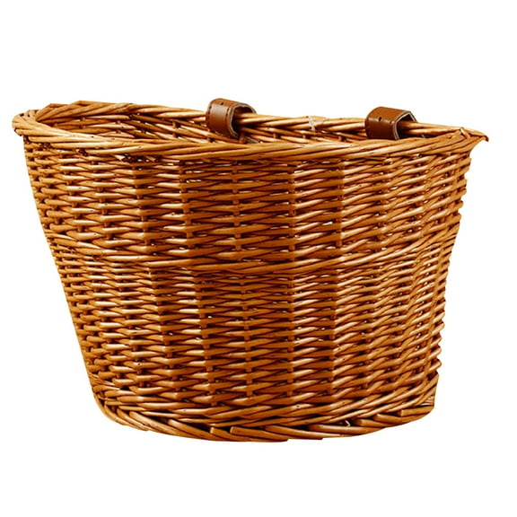 Wicker Front Handlebar Bike Basket, Hand-Woven Folk Craftsmanship Bicycle Handlebar Storage Basket with Leather Straps