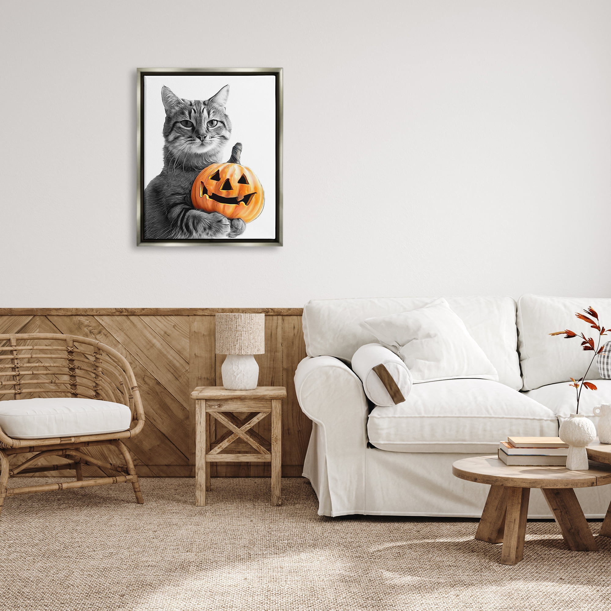 Stupell Industries Cat & Jack-o-Lantern Holiday Painting Gray Floater Framed Canvas Art Print Wall Art, 25 x 31