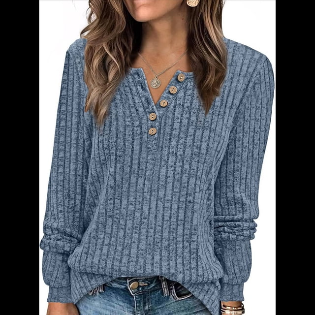 Suéter para Mujer, Camisetas Henley de Larga, Túnicas para Usar con Leggings, Suéteres de Cuello Redondo A . Azul L