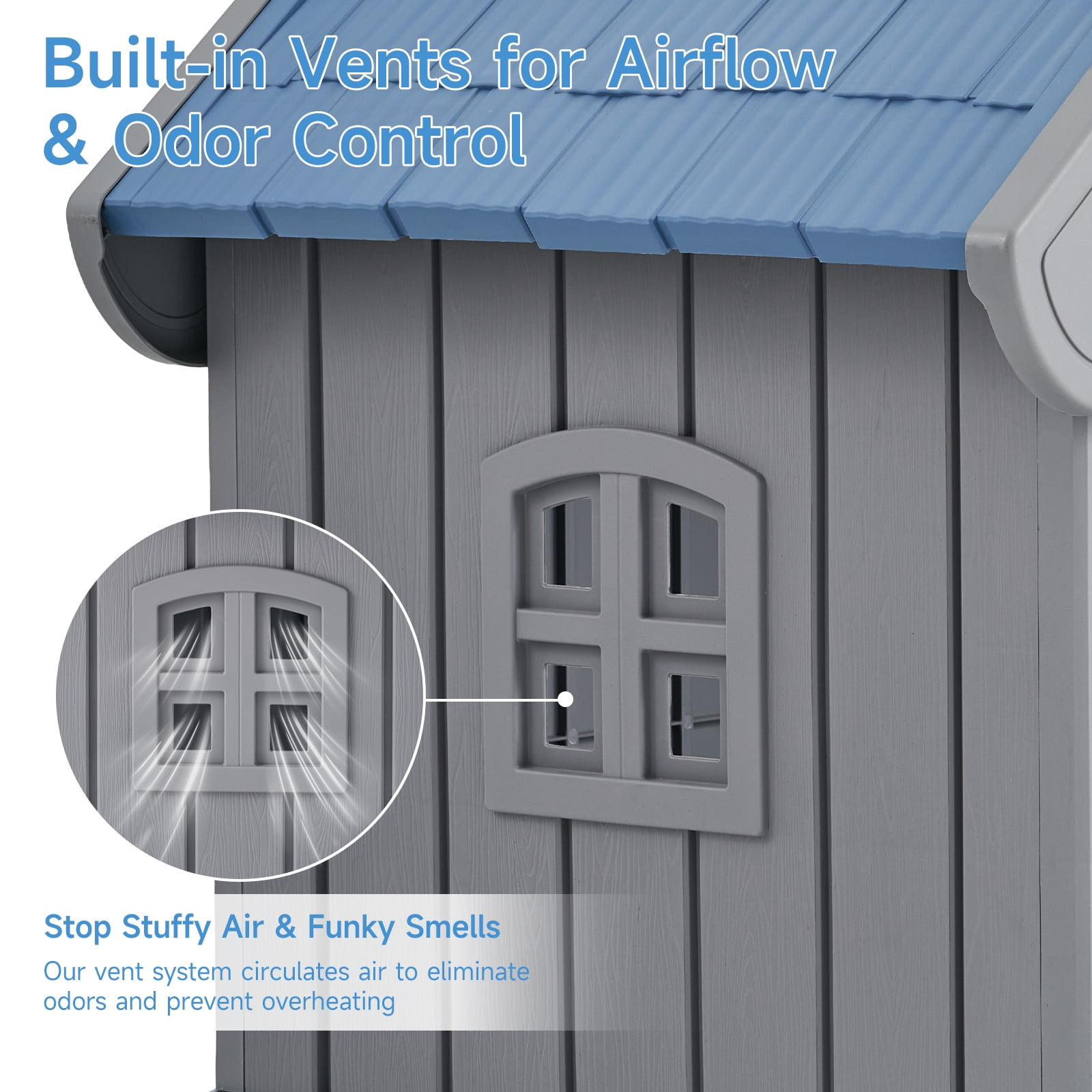 Dovov Plastic Dog House with Elevated Floor and Air Vents, Waterproof Doghouse Indoor Outdoor Dog Kennel with Porch, Large Puppy Shelter, Blue Gray