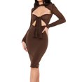 thumbnail image 2 of VISgogo - Vestido ajustado para mujer, color sólido, manga larga, diseño recortado, lazo delantero, corbata, vestido con adorno de orejas de madera VISgogo moda, 2 of 9