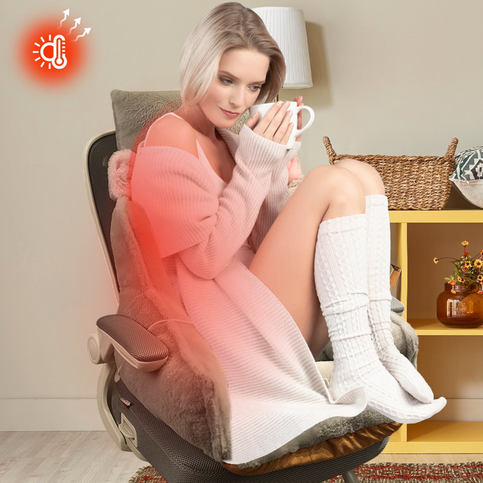 Fnyoxu Heated Seat Cushion for Office Chair & Car - 3-Temperature Fast Heating Pad with Non-Slip Base, Machine Washable Cover, Back Support - 15.7X13.8X23.6 Inch