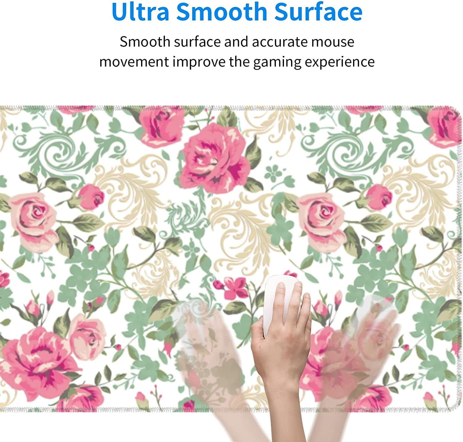 Pink Vintage Floral Large Mouse Pads Rectangle Long Extended Big Stitched Edge Gaming Mousepad with Non-Slip Rubber Base for Desktop Laptop Keyboard 31.5 X 11.8 Inch