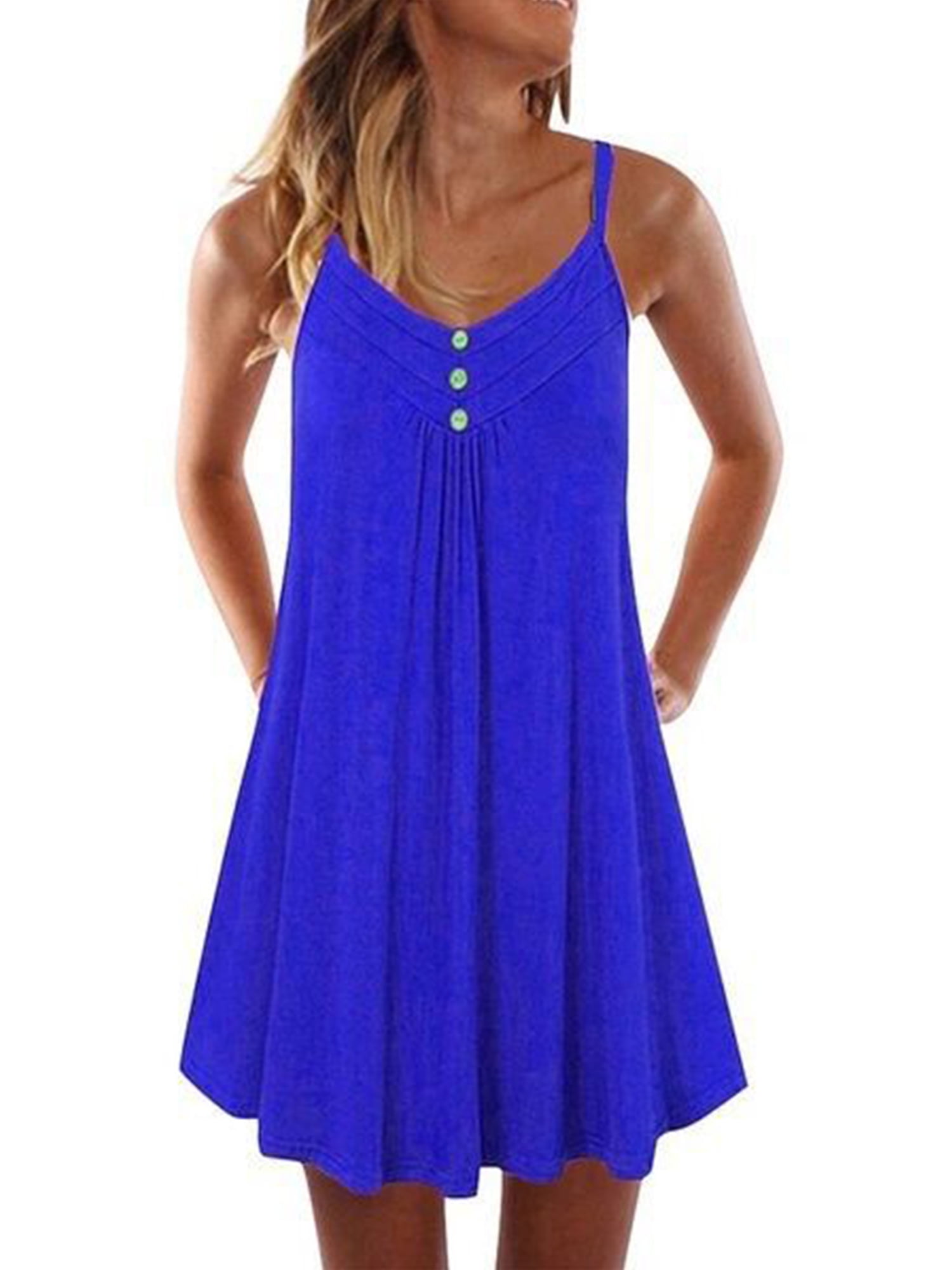 Women Loose Summer Dress Lady Fashion Sleeveless Sundress Solid Color Sling Short Dress Casual Pleated Mini Dress 