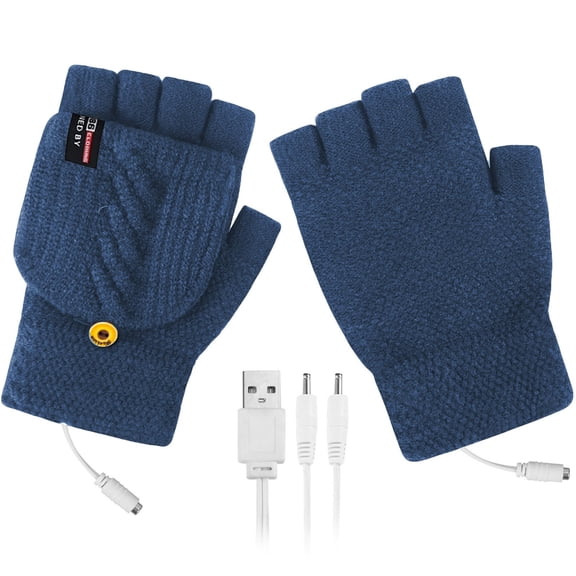 AWZXDE Product Gloves Mittens Laptop Winter Warm Knit Mittens with USB Heated Full & Half Gloves for Men Women Frost-Proof Knit Hand Comfort Navy