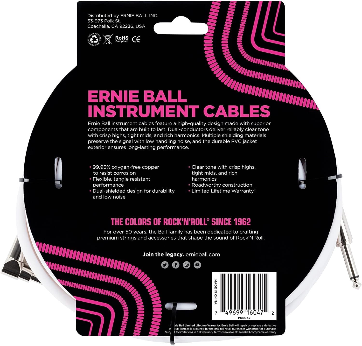 Ernie Ball Straight Instrument Cable White 20ft