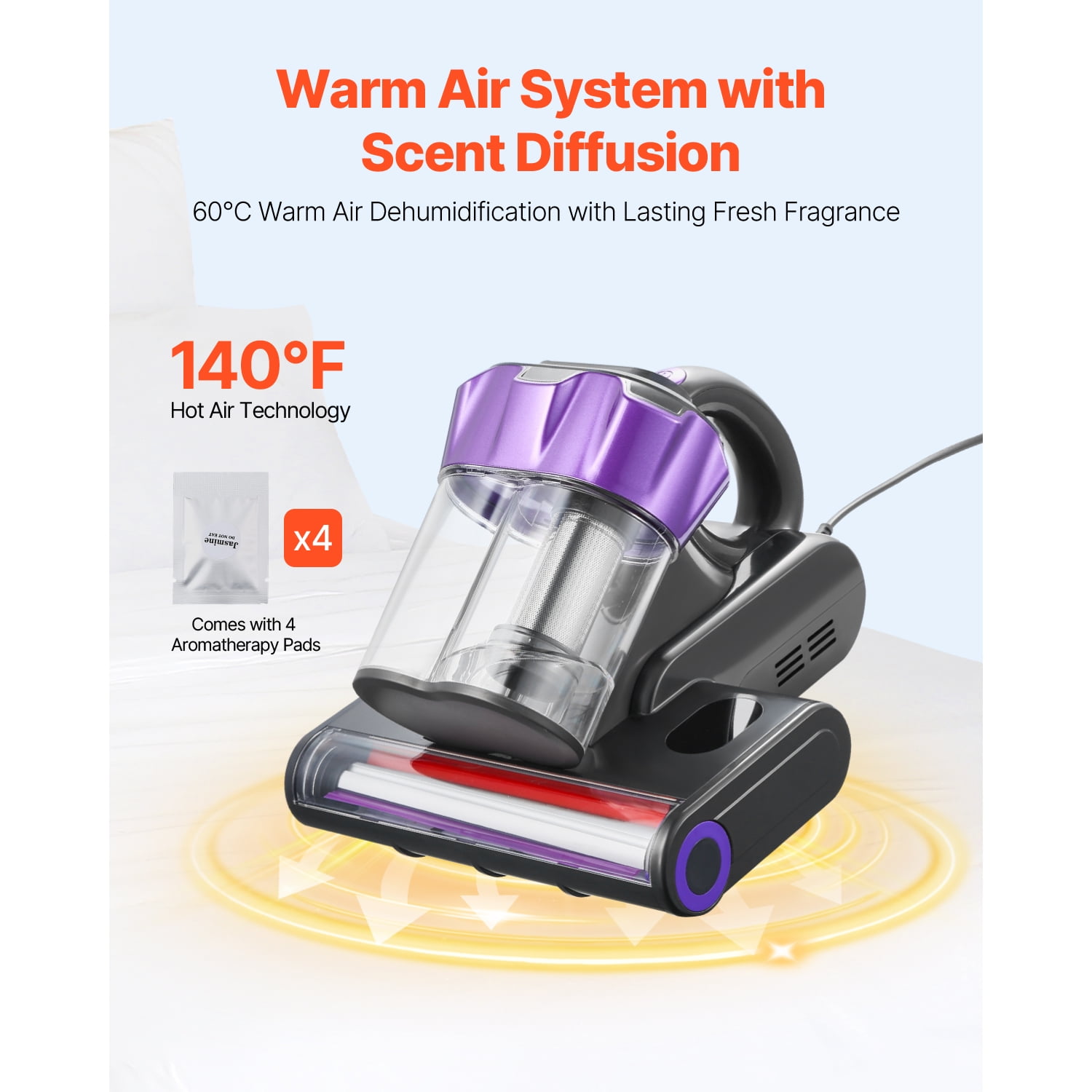 KFFKFF Mattress Vacuum Cleaner, 550W Strong Suction and 140℉ Warm Air, Ultrasound Technology & Cleaning Lights, HEPA Filter & Heating, Handheld for Bed, Sofa, Corded, Gray