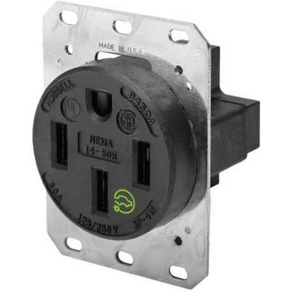 Hubbell HBL9450A Straight Blade Device Receptacle, RTP, Industrial Grade, 3-Pole 4-Wire Grounding, 50A 125/250V, 14-50R