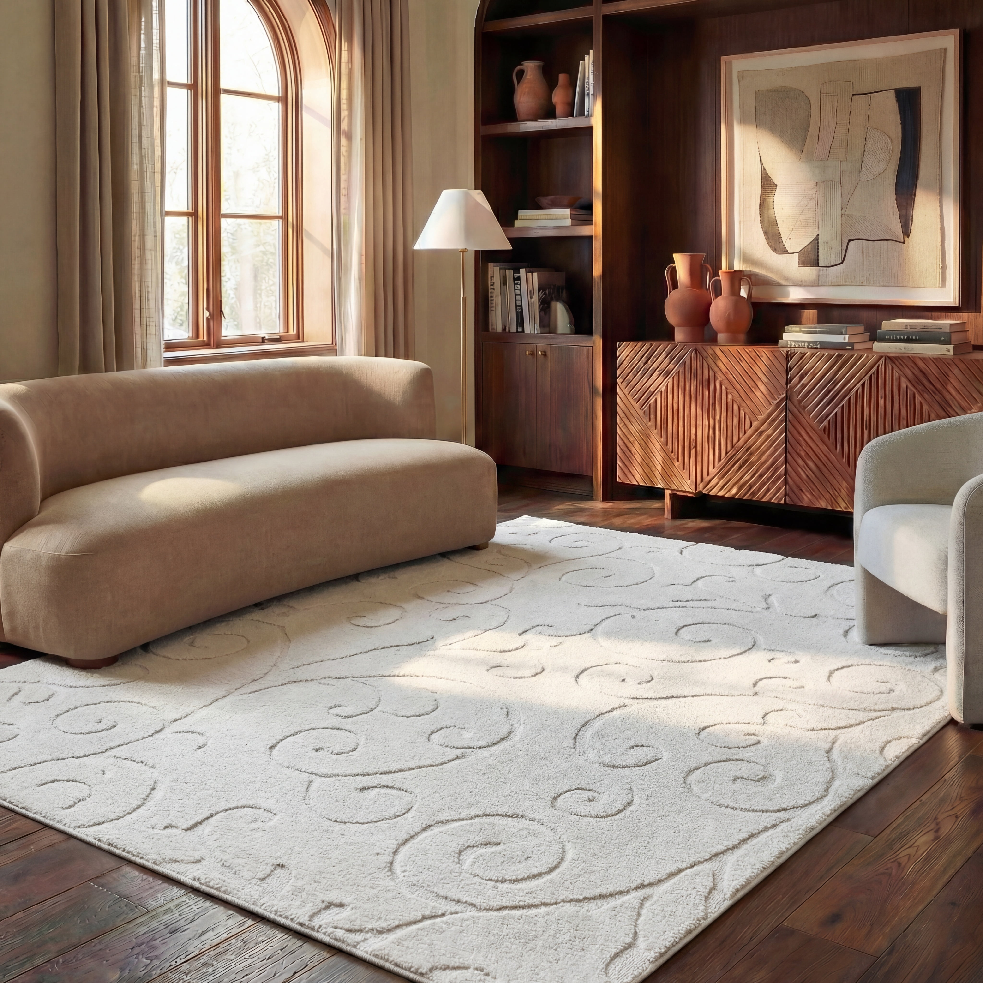 SAFAVIEH Florida Doug Floral Vines Geometric Shag Area Rug, Creme, 4' x 6' - Transitional Modern Design, Creme & Creme, Non-Shedding & Easy Cleaning, Ultra Plush Thick Pile, Ideal for Living Room, Be