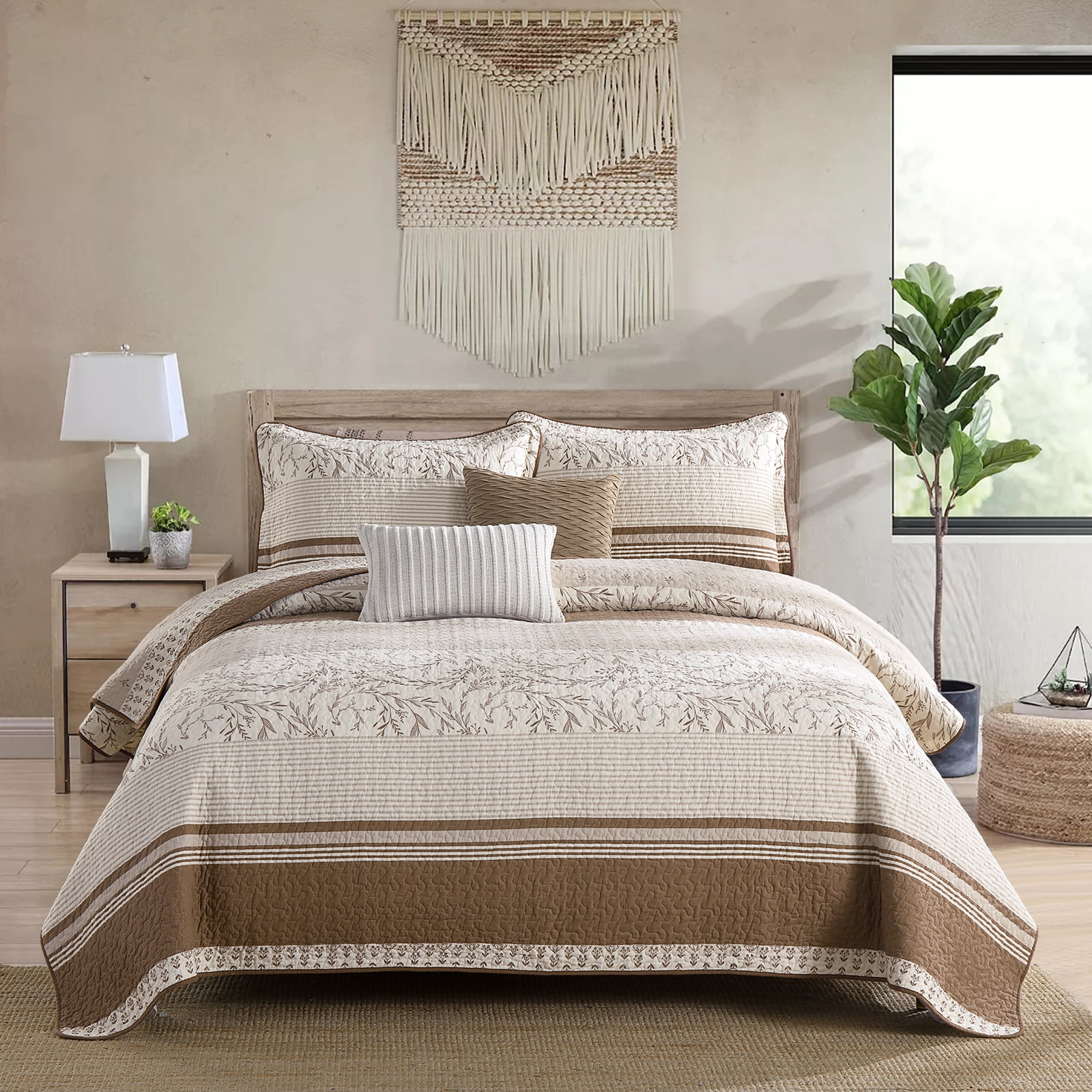 SahSahCasa Quilt Set King Size - 100% Cotton Botanical Farmhouse Quilt King Size, Lightweight Striped Quilted Bedspread, Beige Brown King Quilt Bedding Set All Season, 3 Pieces