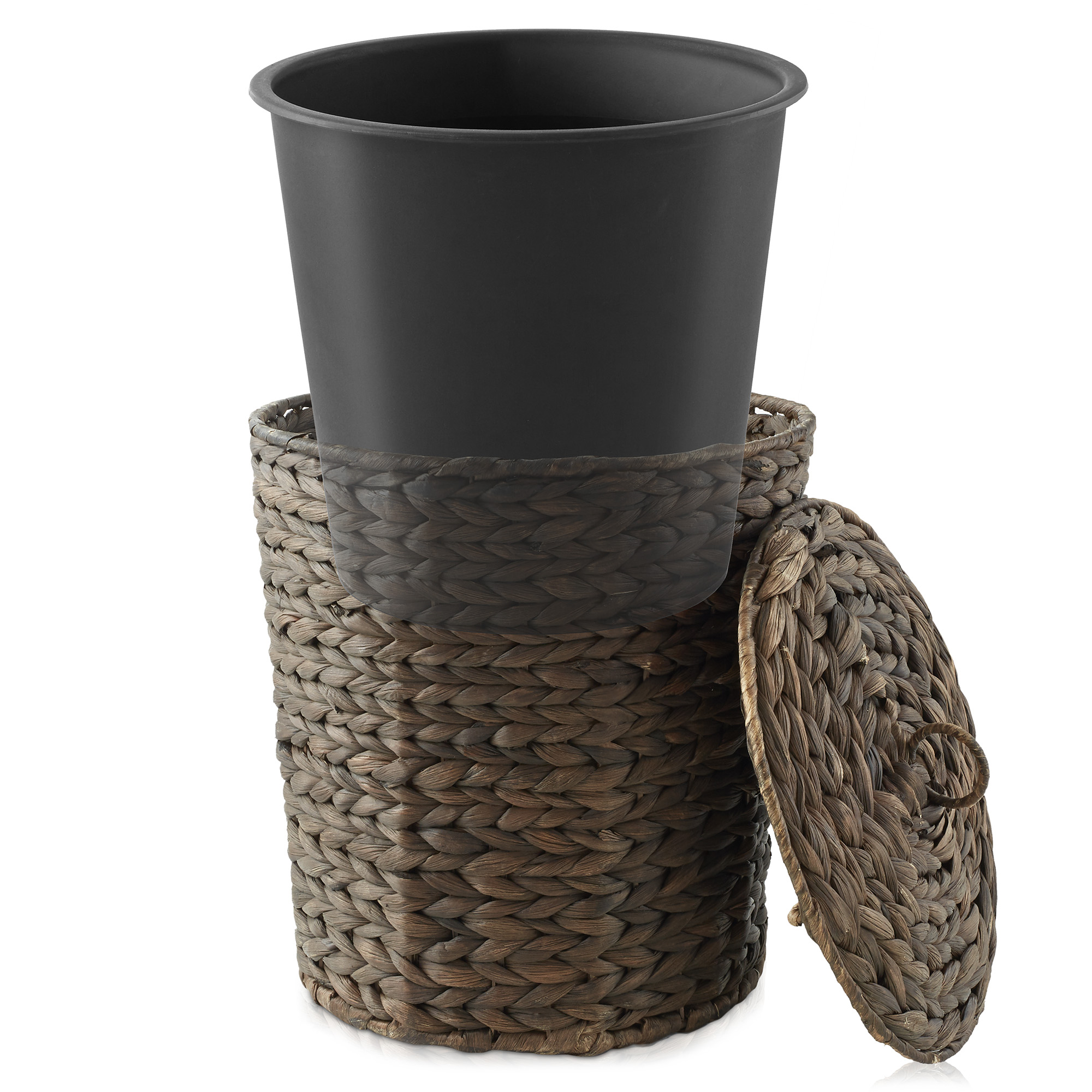 Casafield Hyacinth Trash Can with Lid and Liner, Espresso Brown Wicker Waste Basket for Garbage in the Bathroom, Bedroom, Laundry Room, Home Office