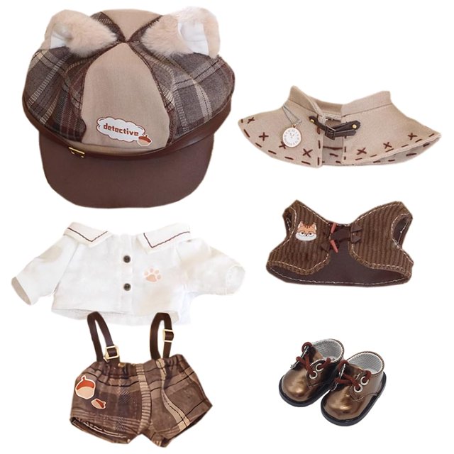 niannyyhouse 10 cm 15 cm 20 cm Ropa de muñeca Sombrero marrón Camisa Correa Pantalones Chal Chaleco Zapatos de Cuero Traje de Detective Vintage Juguete de Peluche Suave Vestir (15 cm)