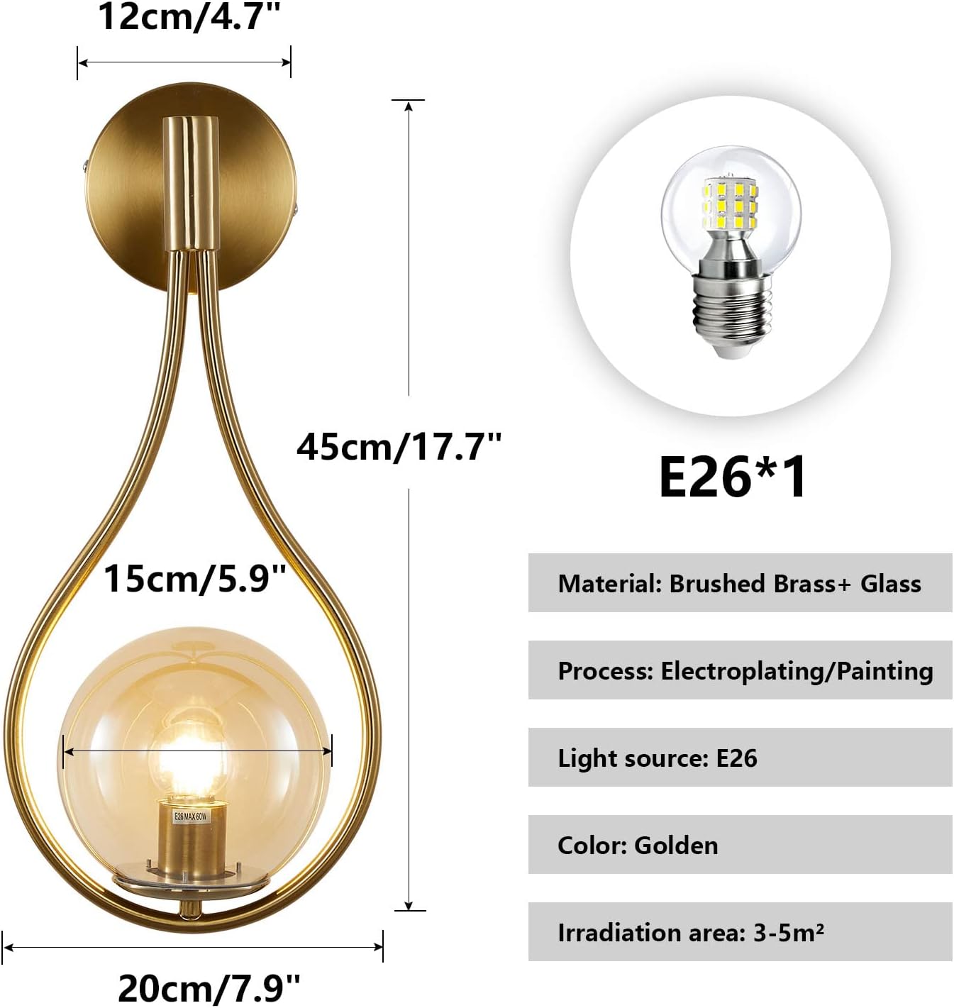 KCO Lighting Glass Globe Wall Mounted Sconce Gold Teardrop Wall Sconce Vintage Cordless Sconces Wall Lighting