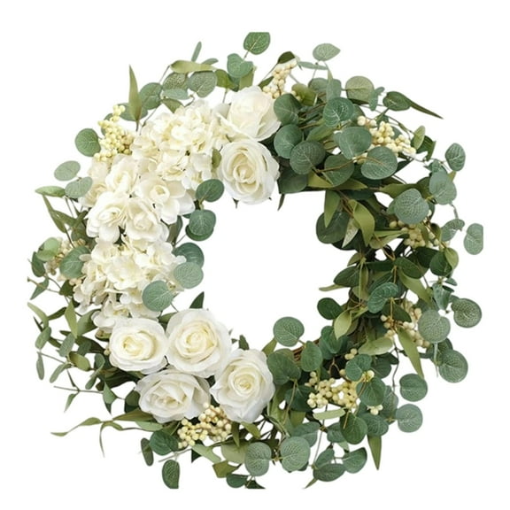 18 Inch Spring Summer Wreath with Hydrangeas & Peonies, Artificial Floral Wreath for Front Door, Farmhouse Wedding, Party & Outdoor Home Decor - White & Green