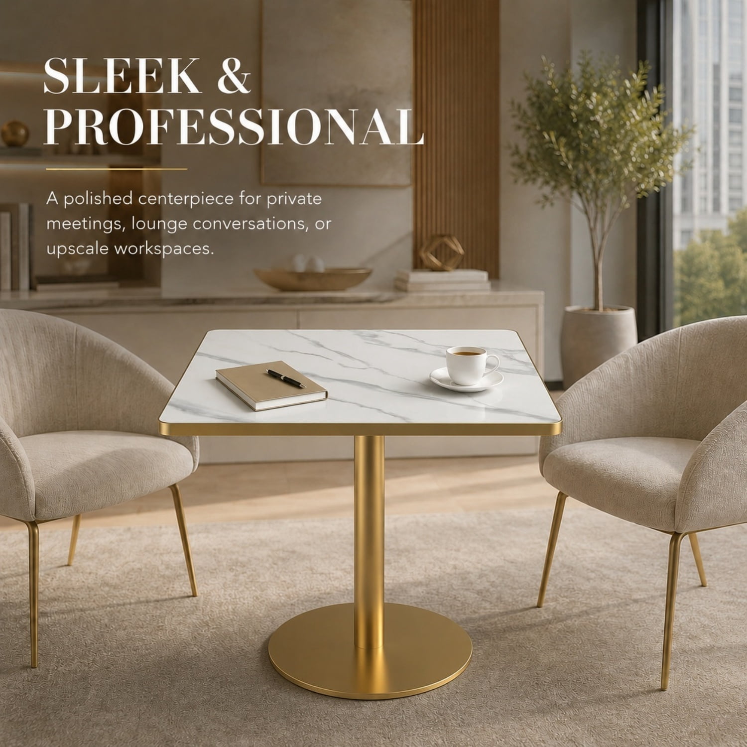 Miniyam 31.5 in Square Dining Table, Glossy Marble-Look Small Kitchen Table with Titanium Gold Feet, White Gray Vein